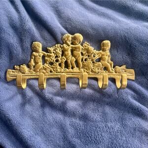 Vintage Brass Cherubs Key Holder Wall Mount 6 Hat Coat Hook Hanger